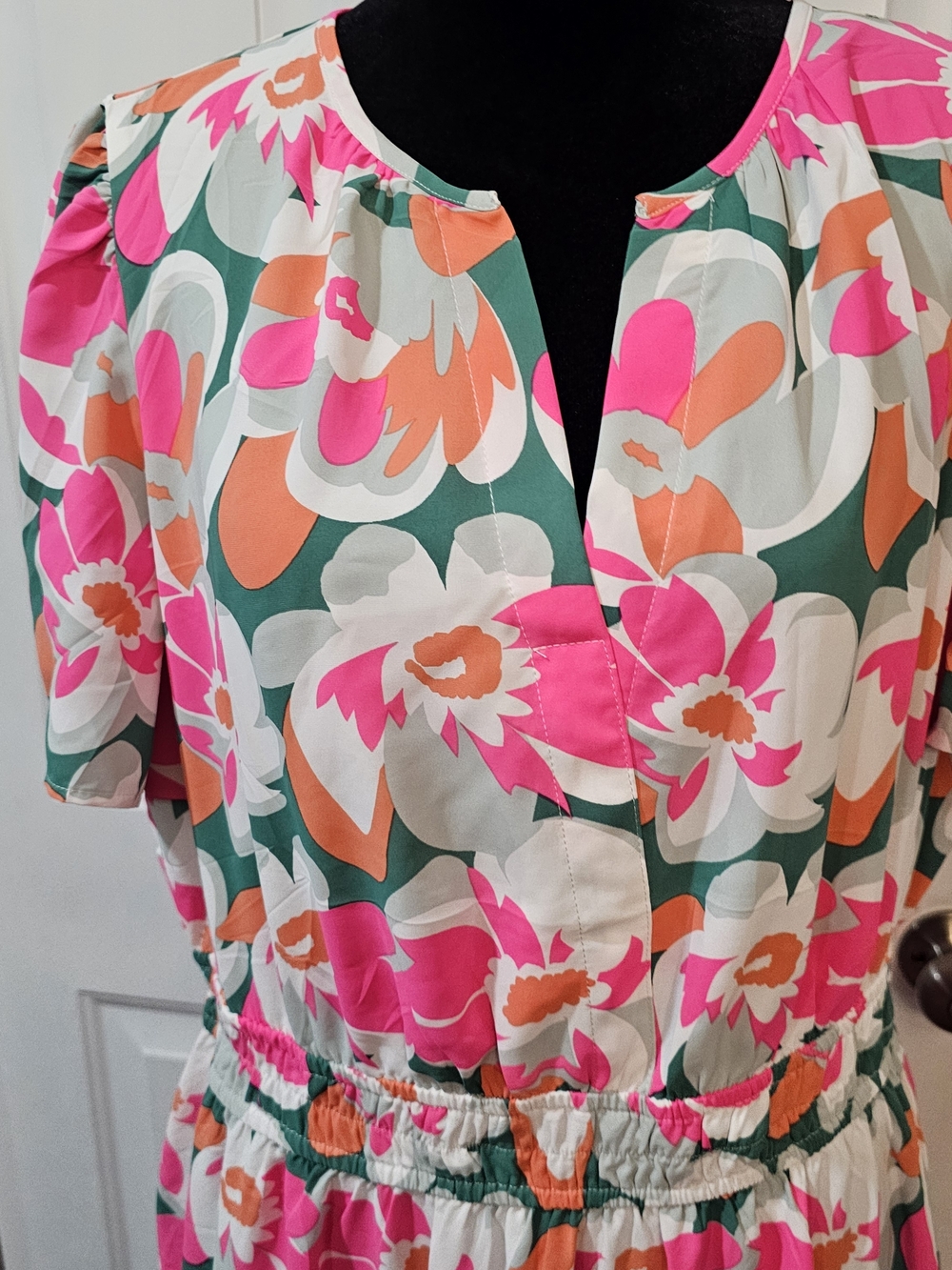 PrettyGarden Pink & Green Floral Maxi Dress with Elastic Waist Size Large{Bx10} - Picture 4 of 14